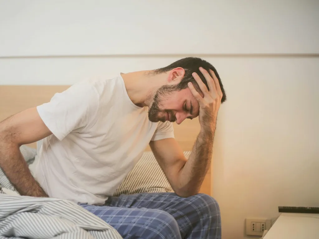 Homme prêt à se lever de son lit, les yeux fermés, se tenant la tête d'une main et semblant ressentir une douleur