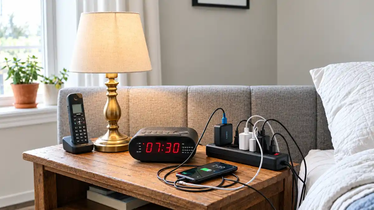 Table de chevet avec lampe, radio-réveil, multiprise, chargeurs, téléphone DECT et smartphone à la tête du lit