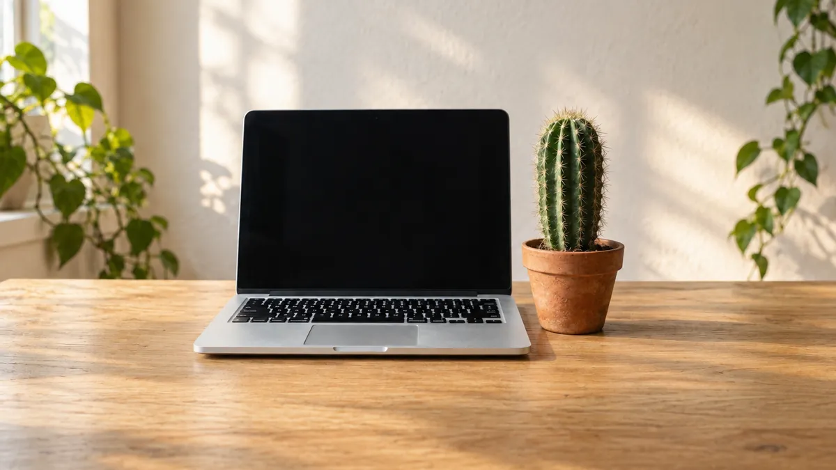 ordinateur-portable-cactus-1200x675 Ordinateur portable ouvert de face avec un cactus dans un pot à sa droite