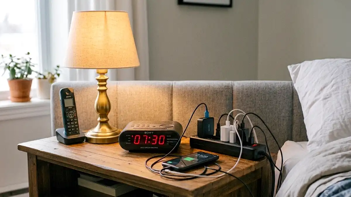 table-chevet-avec-appareils-électriques Table de chevet avec lampe, radio-réveil, multiprise, chargeurs, téléphone DECT à la tête du lit